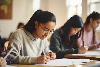 Young Indian woman on exam at school, Asian girl writing down notes in classroom, group of international student on the background, lesson in college or university Young Indian woman on exam at school, Asian girl writing down notes in classroom, group of international student on the background, lesson in college or university