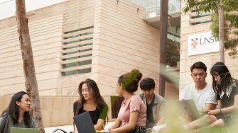 Students with backpacks and laptops sitting outside on campus