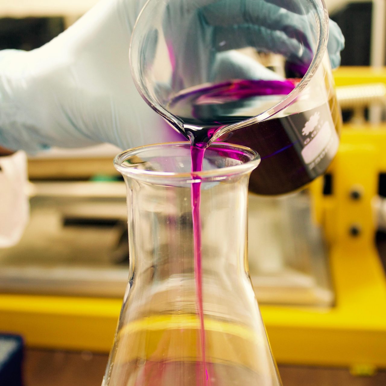 Scientist pouring purple liquid into a conical flask