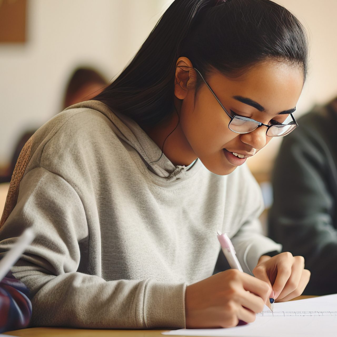 Young Indian woman on exam at school, Asian girl writing down notes in classroom, group of international student on the background, lesson in college or university