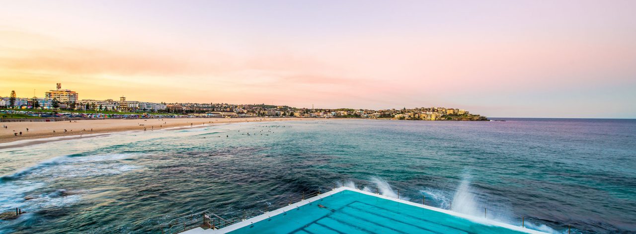 View of Bondi Beach in Sydney from Bondi Icebergs Pool
