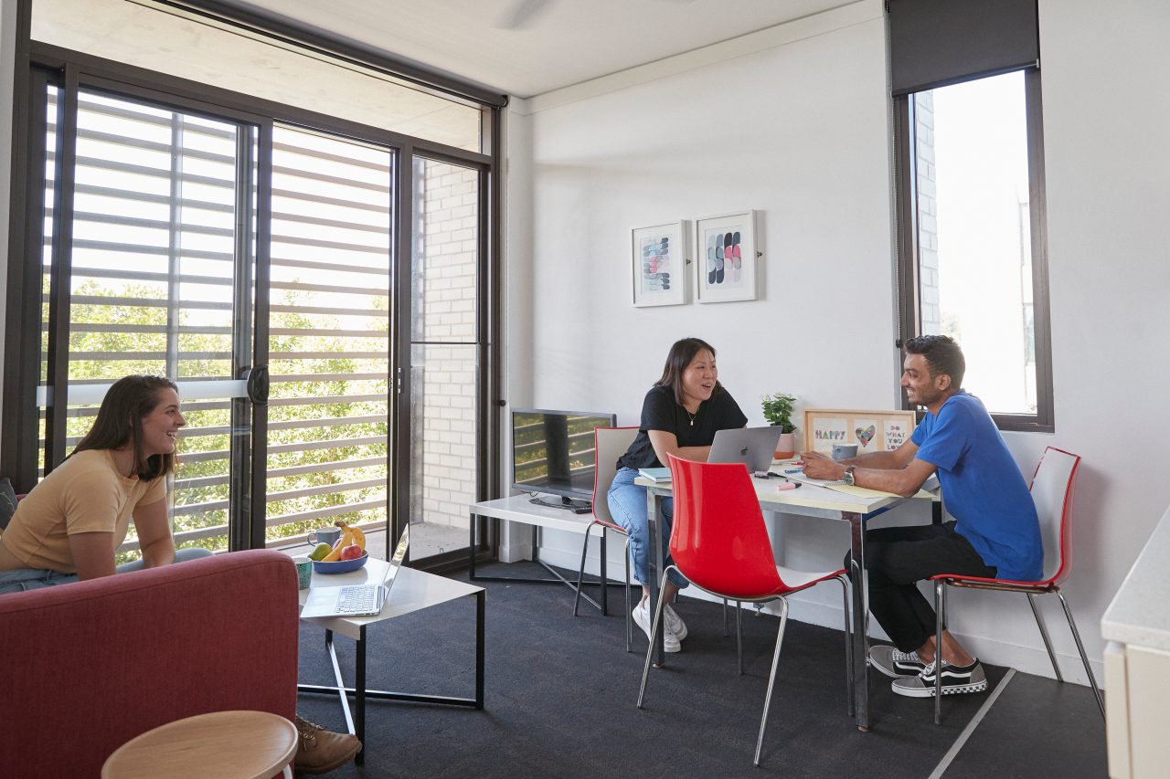 Students relaxing in the accommodation precinct 