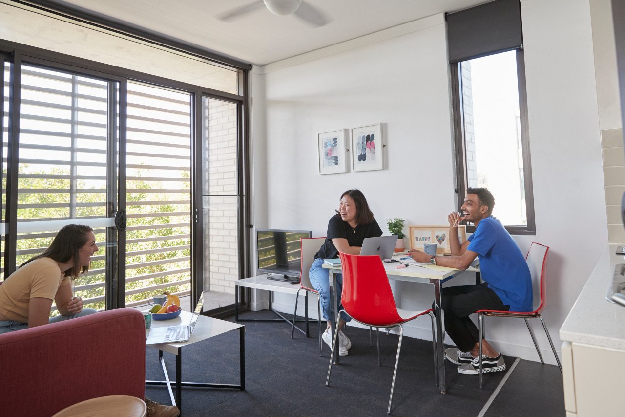 Students relaxing in the accommodation precinct 