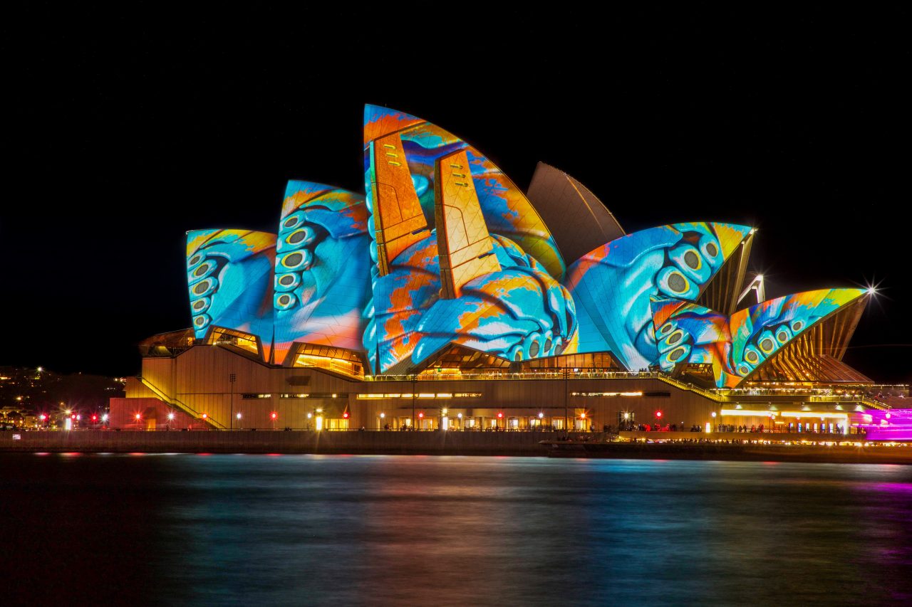Sydney Harbour Bridge lit up during Vivid Festival