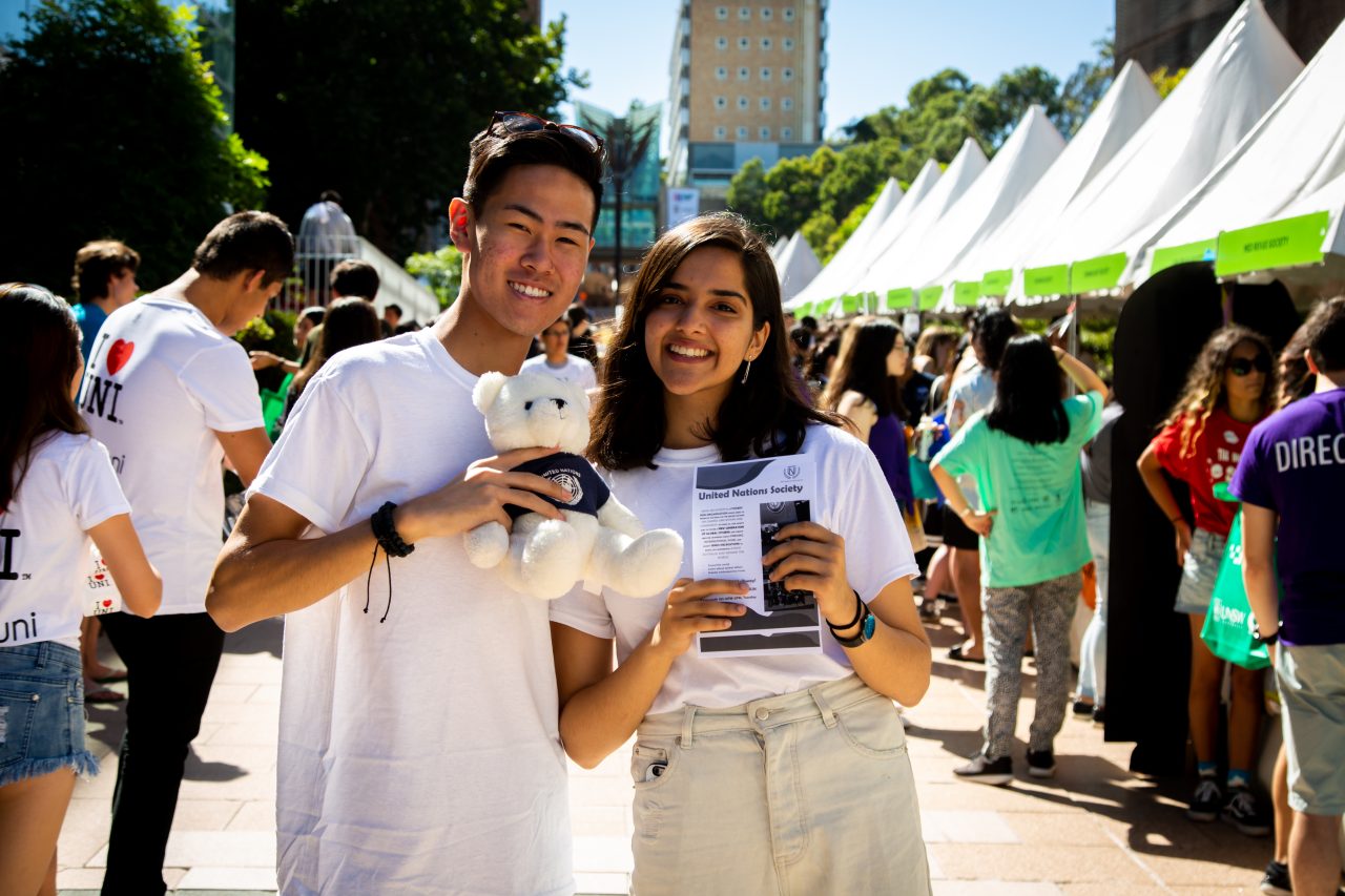 Photograph of the UNSW campus and the decorations and activities avaliable at orientation week