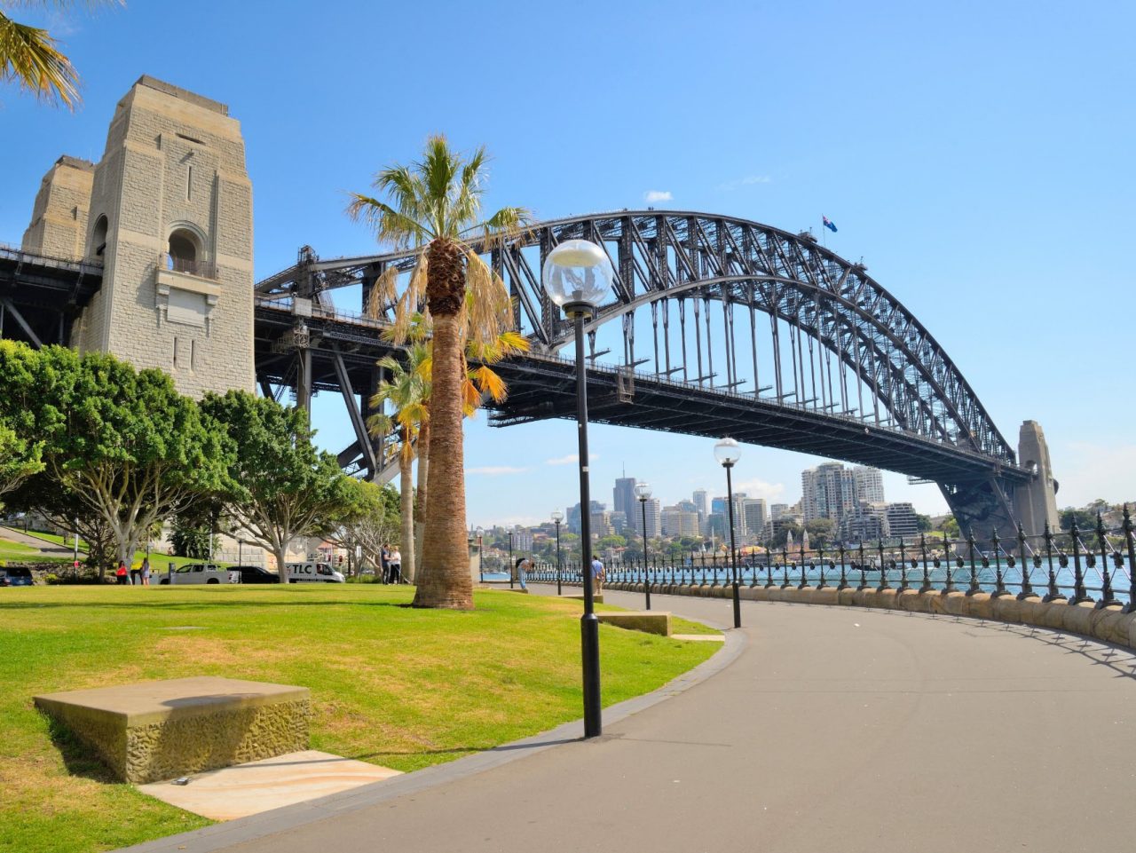Side view of Sydney Harbour bridge in bright blue sky.