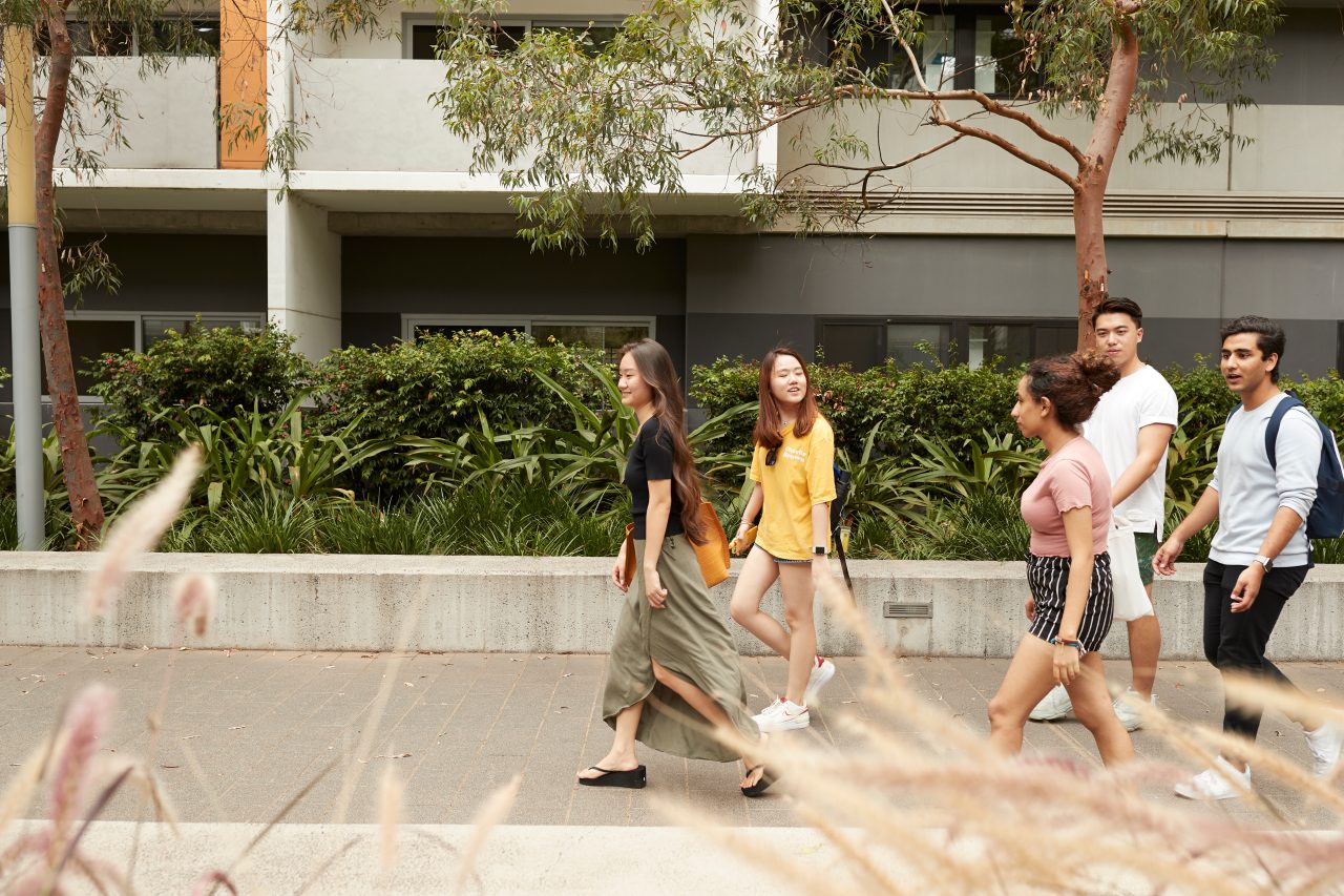 Students walking in the accommodation precinct 