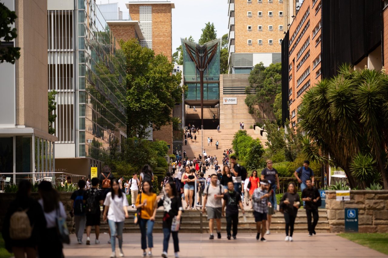 Lots of students make their way down the main walkway at the UNSW Kengsington campus