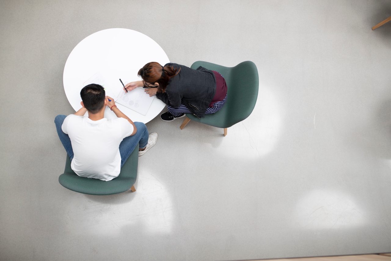 Aerial view of students studying